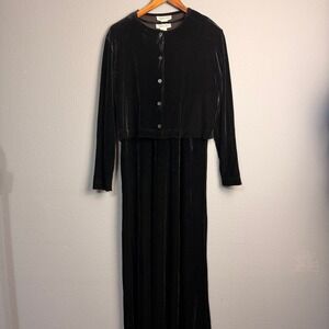 Talbots Black Velvet‎ 2 Piece Set Button Front Cropped Cardigan & Maxi Dress L M